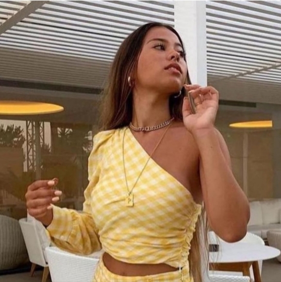 NWOT Zara Asymmetric Venus Yellow Gingham One Shoulder Crop Top M - Picture 4 of 12